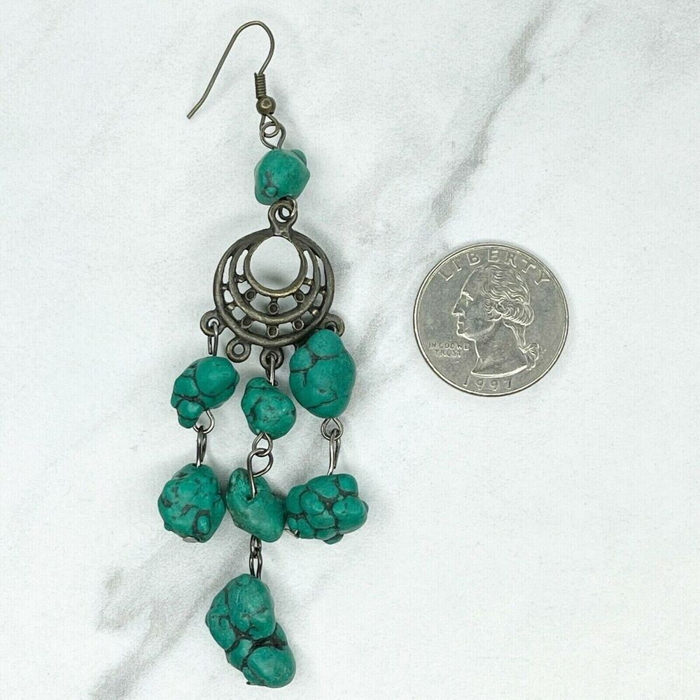 Faux Turquoise Beaded Chandelier Chunky Earrings Pierced Pair - Picture 5 of 5